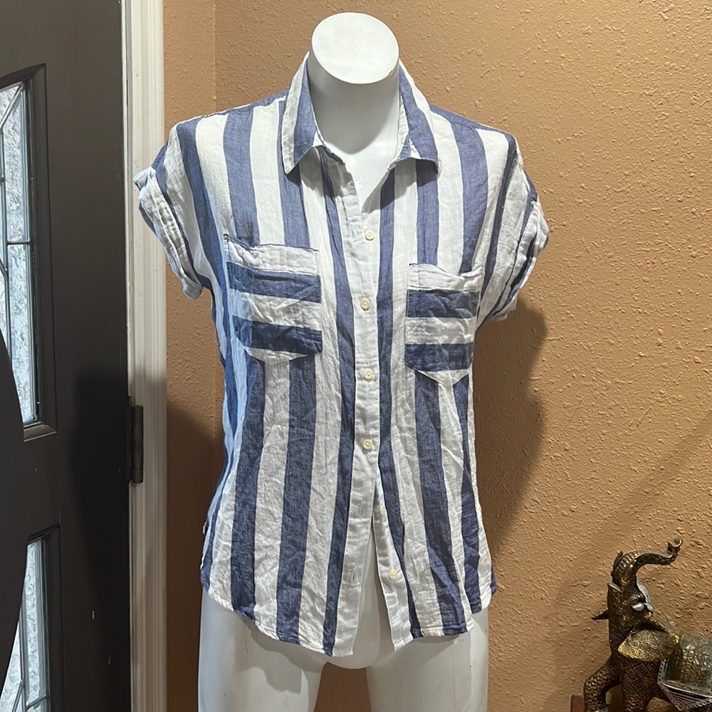 Lucky brand short sleeve striped open back button up blouse